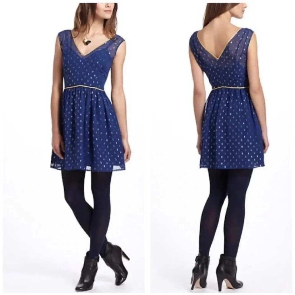 Anthropologie Maeve Blue Silk Gold Metallic Clip Dot Dress Size L